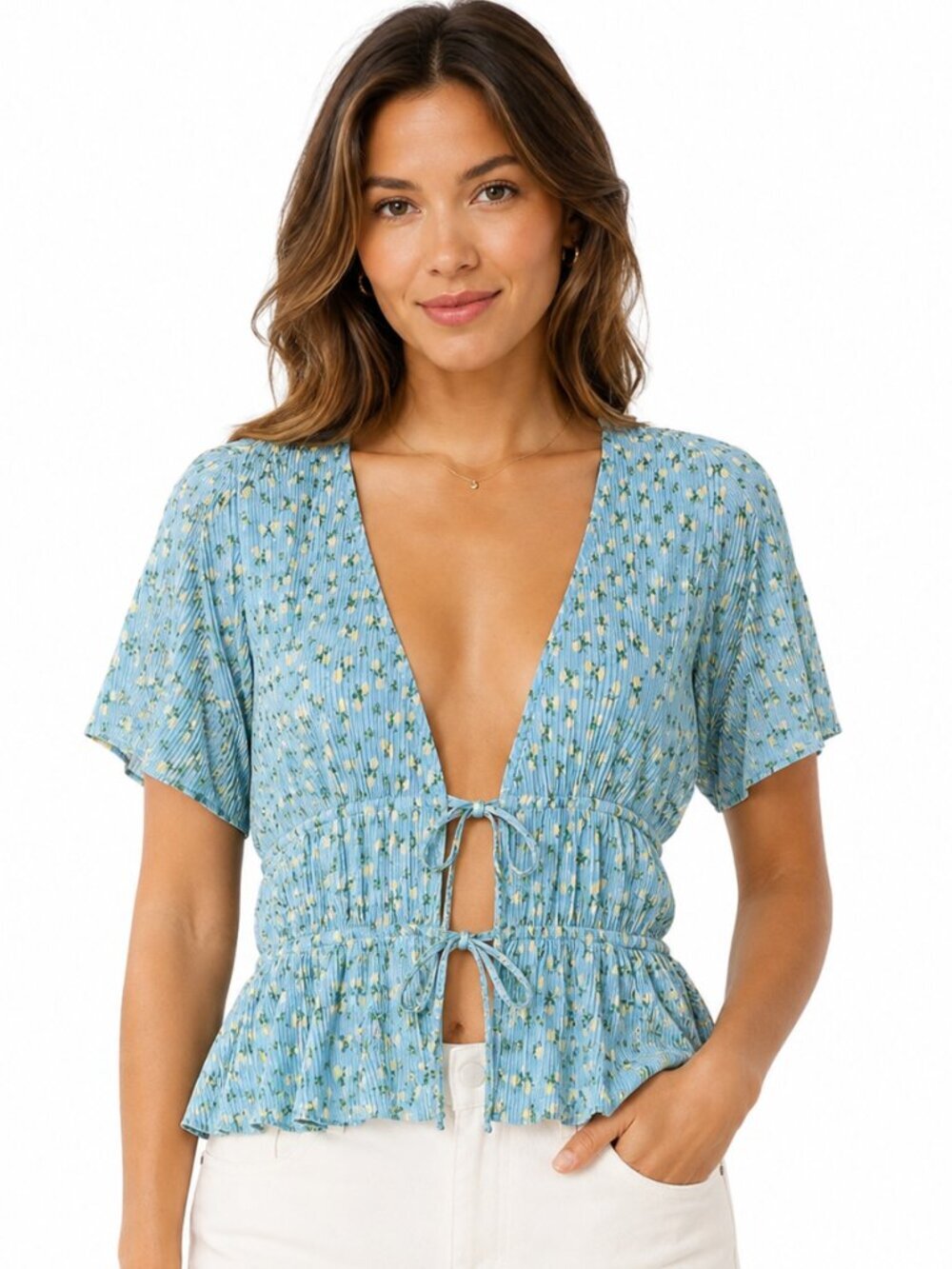 ASOS DESIGN Floral Peplum Top Blue Tie Front Short Sleeve Size 8